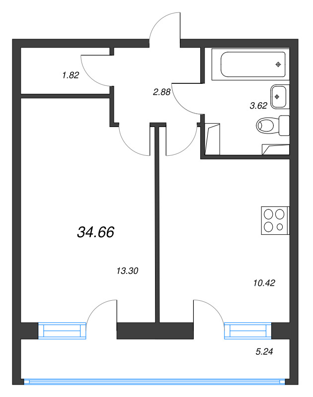 1-комнатная квартира, 34.66 м² - планировка, фото №1