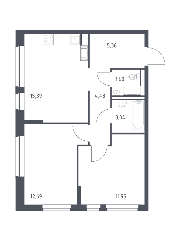 3-комнатная (Евро) квартира, 54.51 м² в ЖК "Новое Колпино" - планировка, фото №1