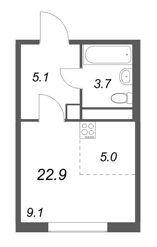 Квартира-студия, 22.9 м² - планировка, фото №1