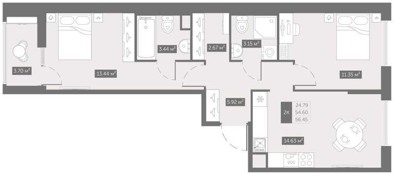 2-комнатная квартира, 56.45 м² - планировка, фото №1