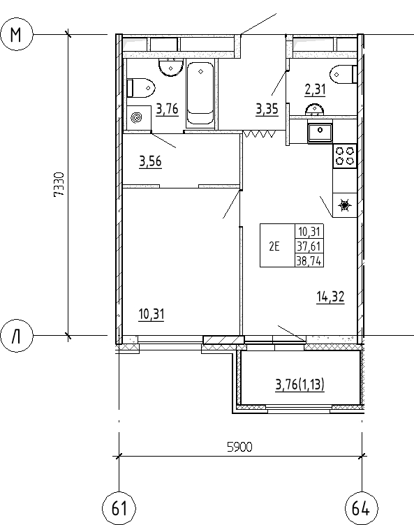 1-комнатная квартира, 38.74 м² - планировка, фото №1