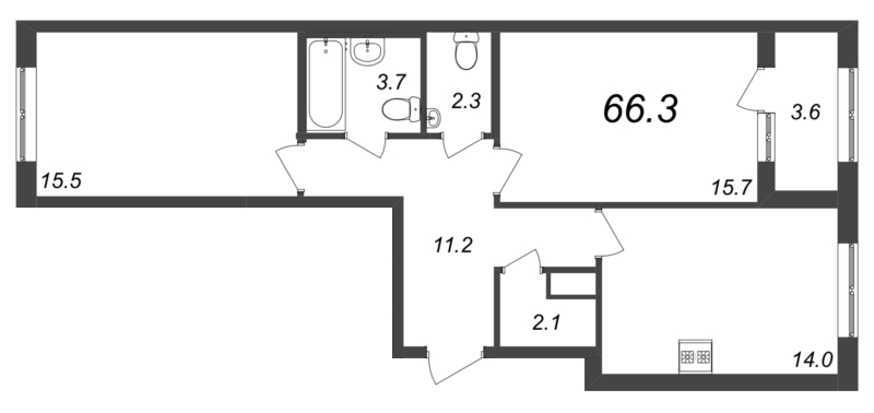 2-комнатная квартира, 66.6 м² - планировка, фото №1