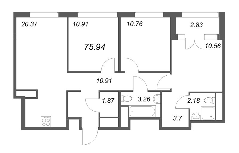 4-комнатная (Евро) квартира, 75.94 м² - планировка, фото №1