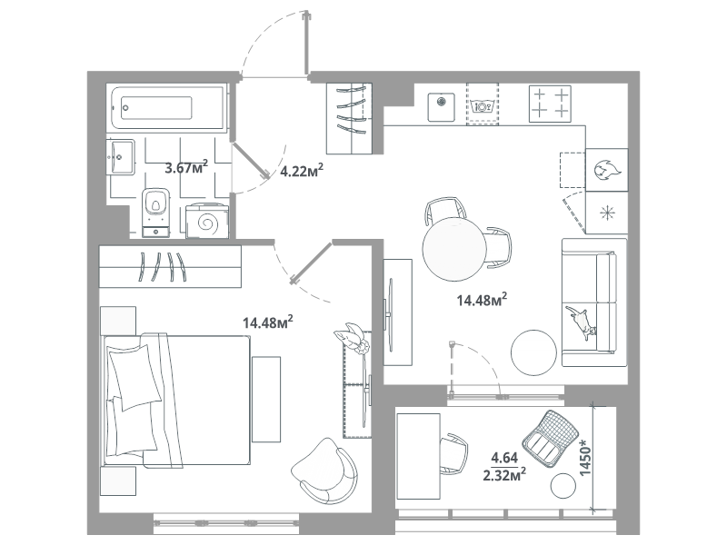 1-комнатная квартира, 39.17 м² в ЖК "ЛесАрт" - планировка, фото №1