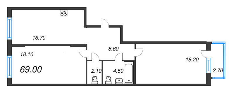 3-комнатная (Евро) квартира, 69 м² в ЖК "Ягодное Река Парк" - планировка, фото №1