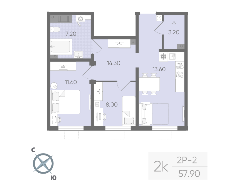 2-комнатная квартира, 57.9 м² в ЖК "Ручьи" - планировка, фото №1