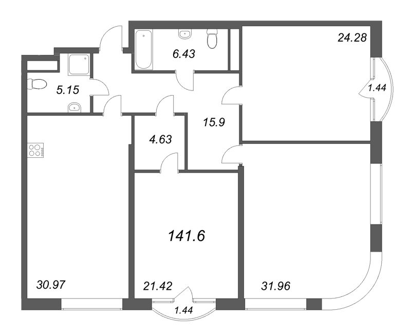 4-комнатная (Евро) квартира, 141.6 м² в ЖК "MONODOM-ART" - планировка, фото №1