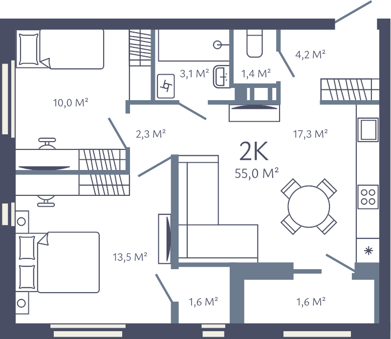 3-комнатная (Евро) квартира, 55 м² в ЖК "Лендлер" - планировка, фото №1