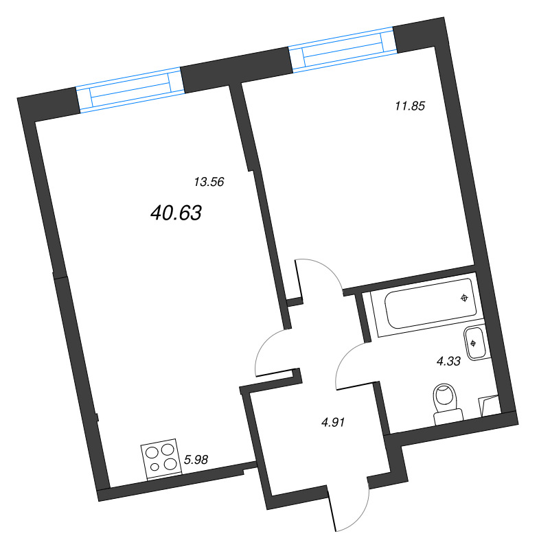 2-комнатная (Евро) квартира, 40.63 м² в ЖК "Бульвар Грина" - планировка, фото №1