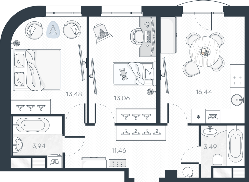 3-комнатная (Евро) квартира, 62.51 м² в ЖК "MONODOM-ART" - планировка, фото №1