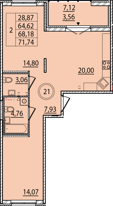 3-комнатная (Евро) квартира, 64.62 м² - планировка, фото №1
