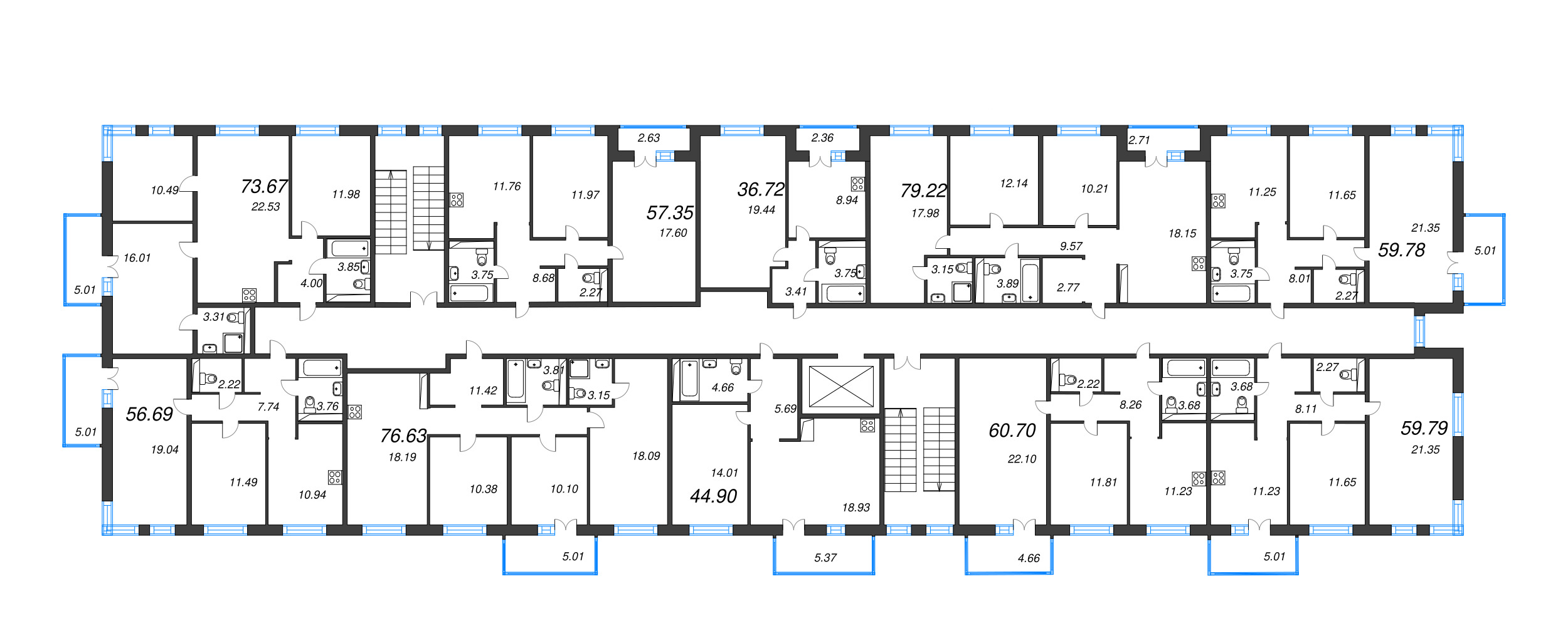 2-комнатная квартира, 56.69 м² в ЖК "Арт Парк" - планировка этажа