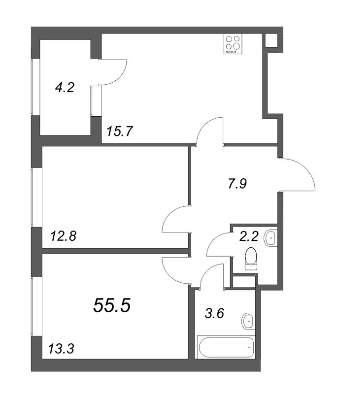 3-комнатная (Евро) квартира, 55.5 м² - планировка, фото №1