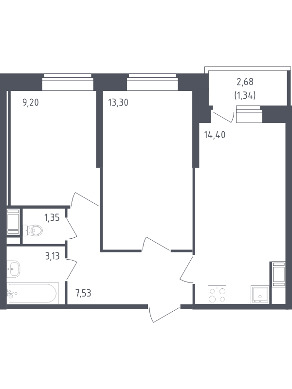 2-комнатная квартира, 50.25 м² в ЖК "Живи! В Рыбацком" - планировка, фото №1