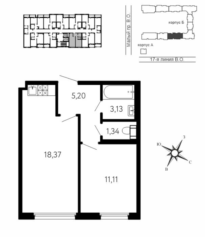 2-комнатная (Евро) квартира, 39.15 м² в ЖК "17-я линия" - планировка, фото №1