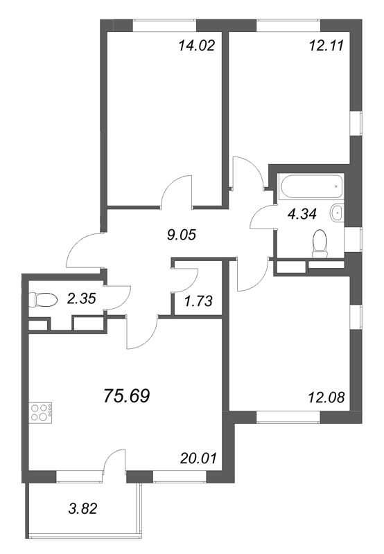 4-комнатная (Евро) квартира, 75.69 м² в ЖК "ЮгТаун" - планировка, фото №1