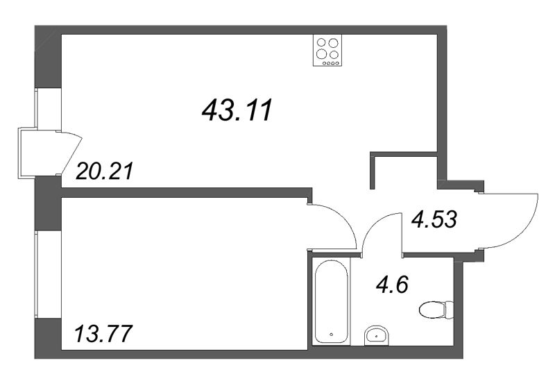 2-комнатная (Евро) квартира, 43.11 м² в ЖК "Avant" - планировка, фото №1