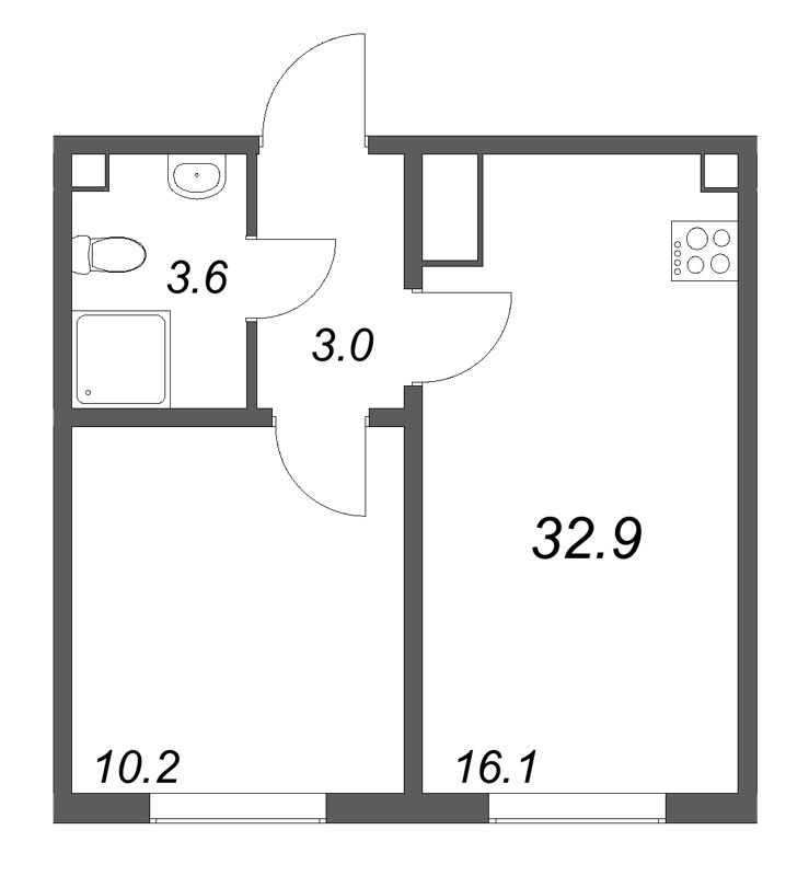2-комнатная (Евро) квартира, 33 м² в ЖК "ЛСР. Ржевский парк" - планировка, фото №1