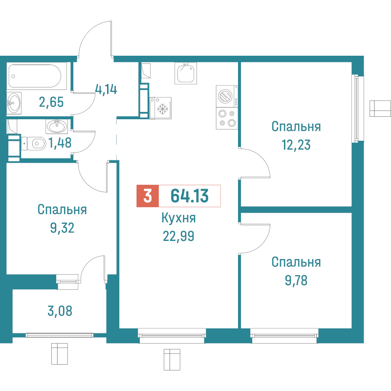4-комнатная (Евро) квартира, 64.13 м² в ЖК "Графика" - планировка, фото №1