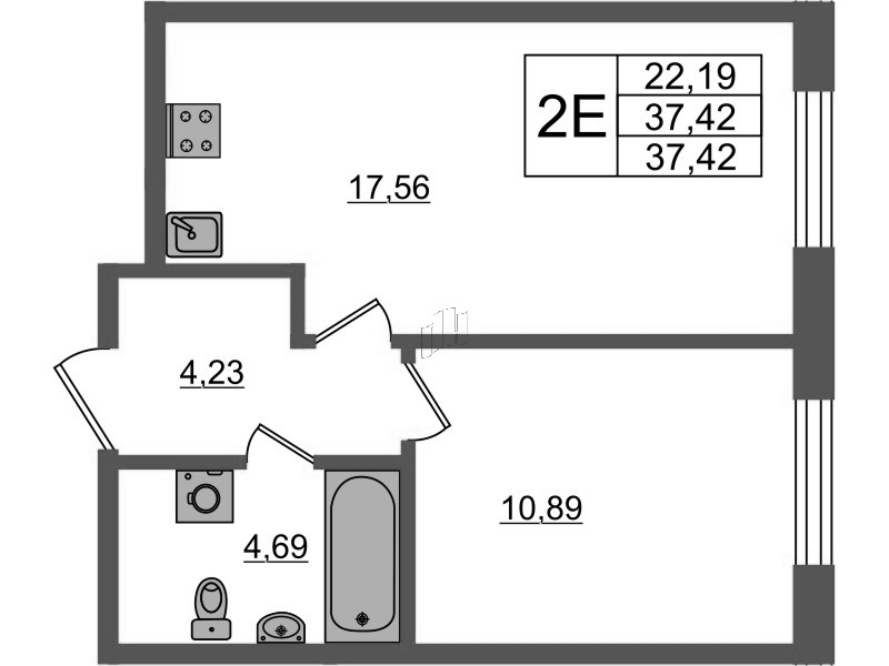 2-комнатная (Евро) квартира, 37.41 м² в ЖК "Аквилон Янино" - планировка, фото №1