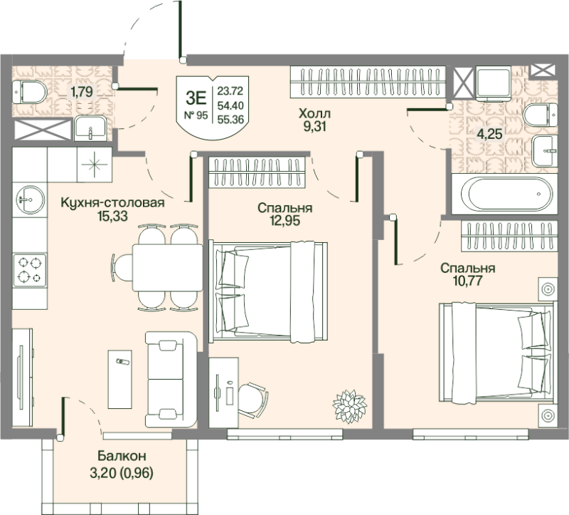 3-комнатная (Евро) квартира, 55.36 м² в ЖК "Охтинские высоты" - планировка, фото №1