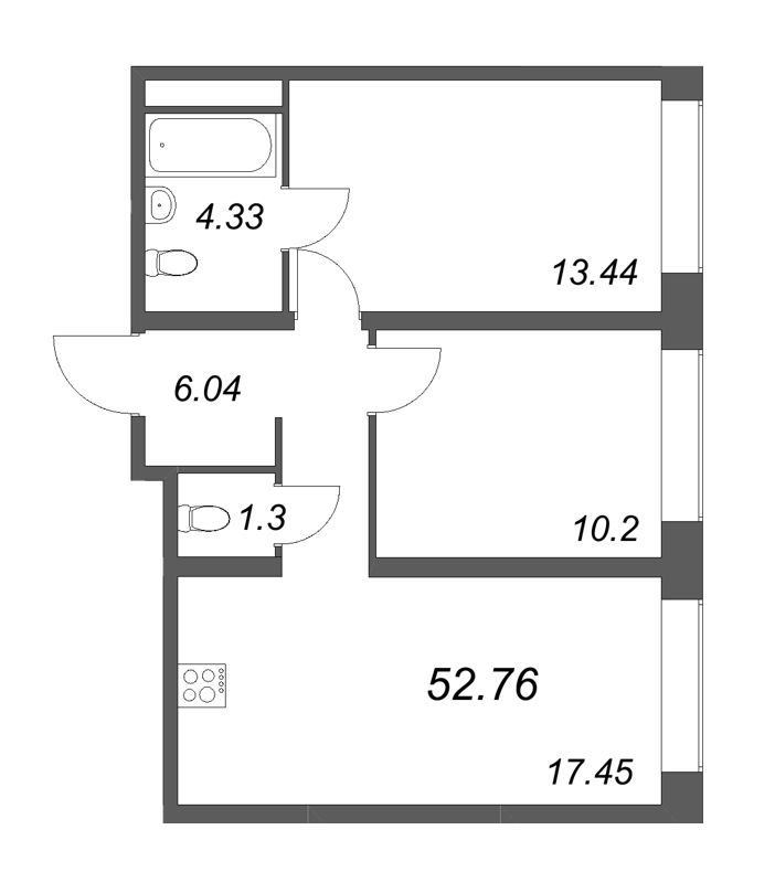 3-комнатная (Евро) квартира, 52.76 м² - планировка, фото №1