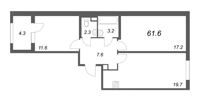 3-комнатная (Евро) квартира, 61.6 м² - планировка, фото №1