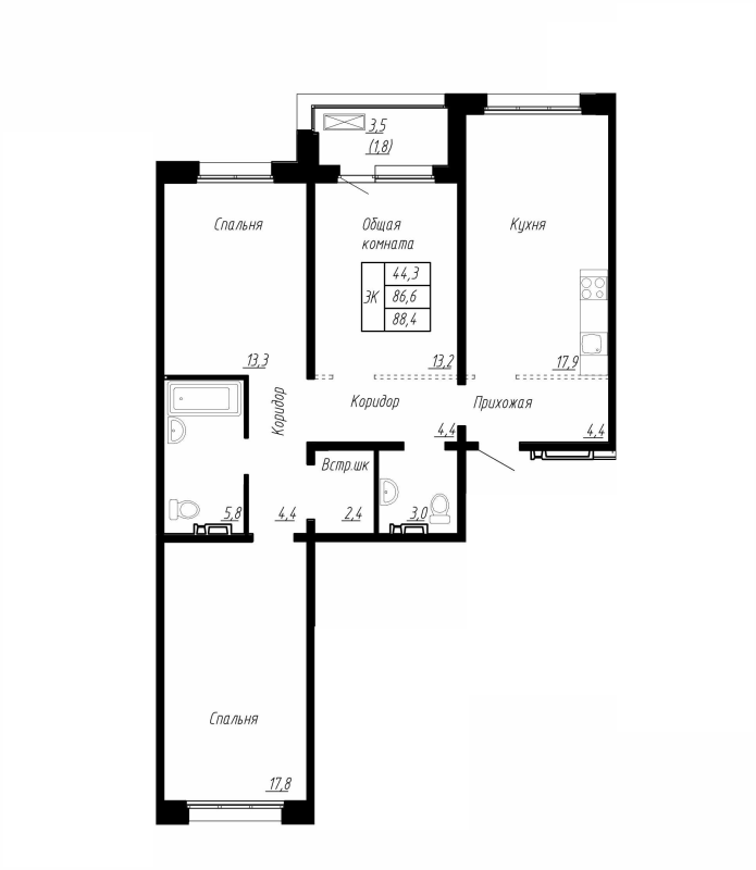 4-комнатная (Евро) квартира, 88.4 м² в ЖК "Сибирь" - планировка, фото №1