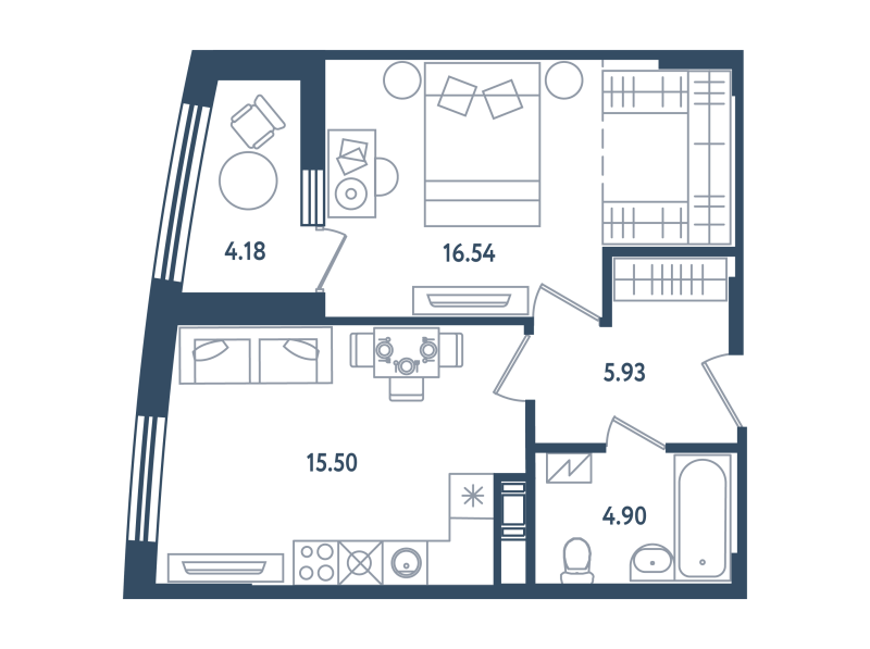 2-комнатная (Евро) квартира, 44.96 м² в ЖК "Мир внутри" - планировка, фото №1