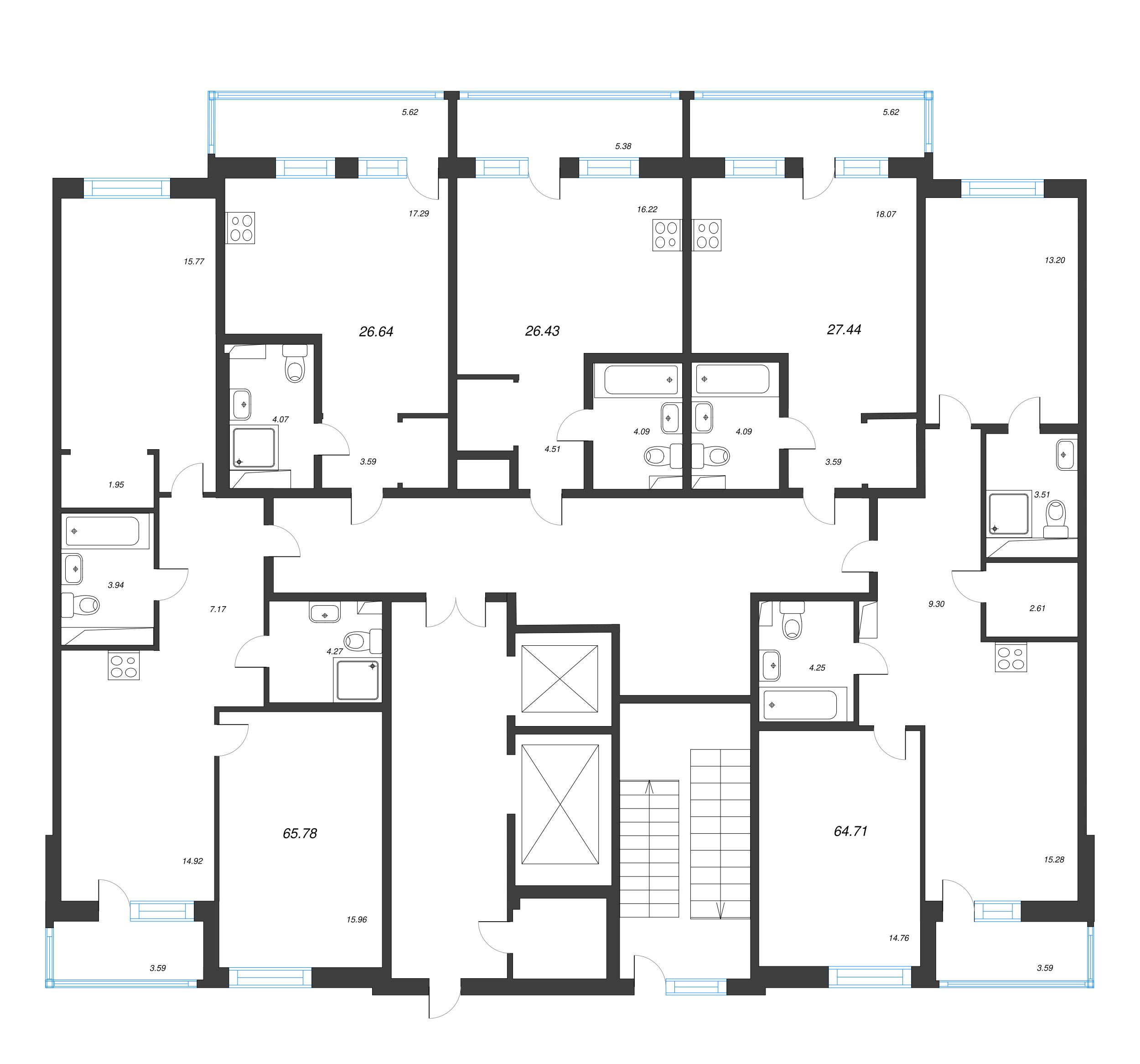 3-комнатная (Евро) квартира, 64.71 м² в ЖК "Энфилд" - планировка этажа