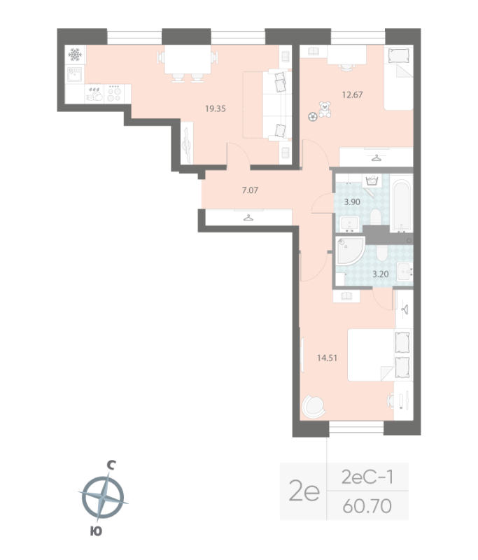 3-комнатная (Евро) квартира, 60.7 м² в ЖК "Цивилизация на неве" - планировка, фото №1