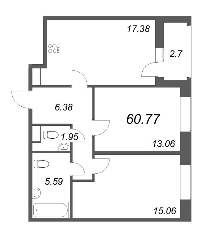 3-комнатная (Евро) квартира, 60.77 м² в ЖК "Аквилон Leaves" - планировка, фото №1