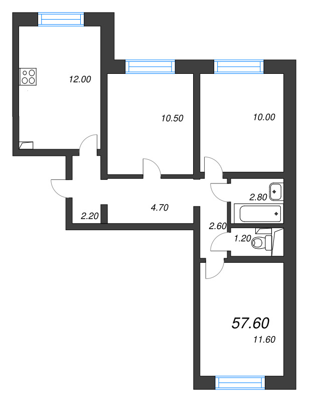 3-комнатная квартира, 57.6 м² - планировка, фото №1