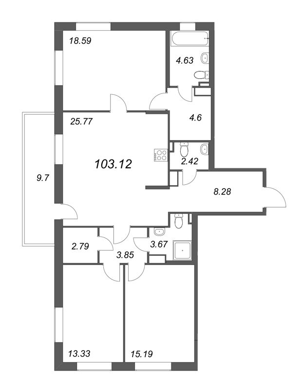 4-комнатная (Евро) квартира, 103.12 м² в ЖК "Чёрная речка" - планировка, фото №1