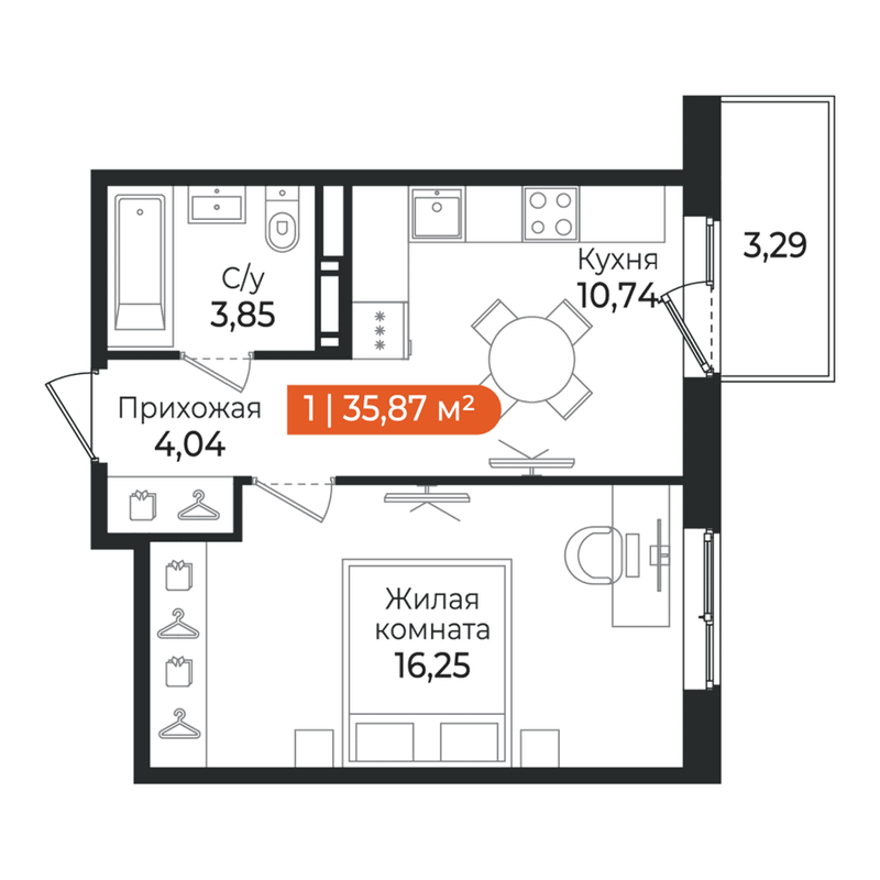 1-комнатная квартира, 35.87 м² в ЖК "Алгоритм Квинта" - планировка, фото №1