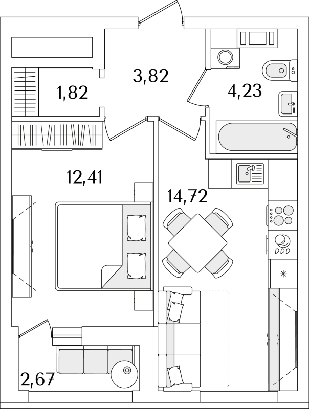 2-комнатная (Евро) квартира, 38.34 м² - планировка, фото №1