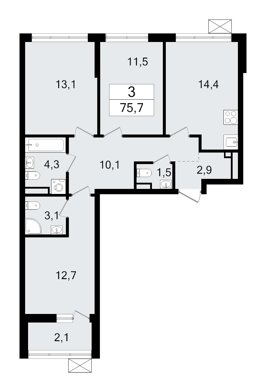 3-комнатная квартира, 75.7 м² - планировка, фото №1