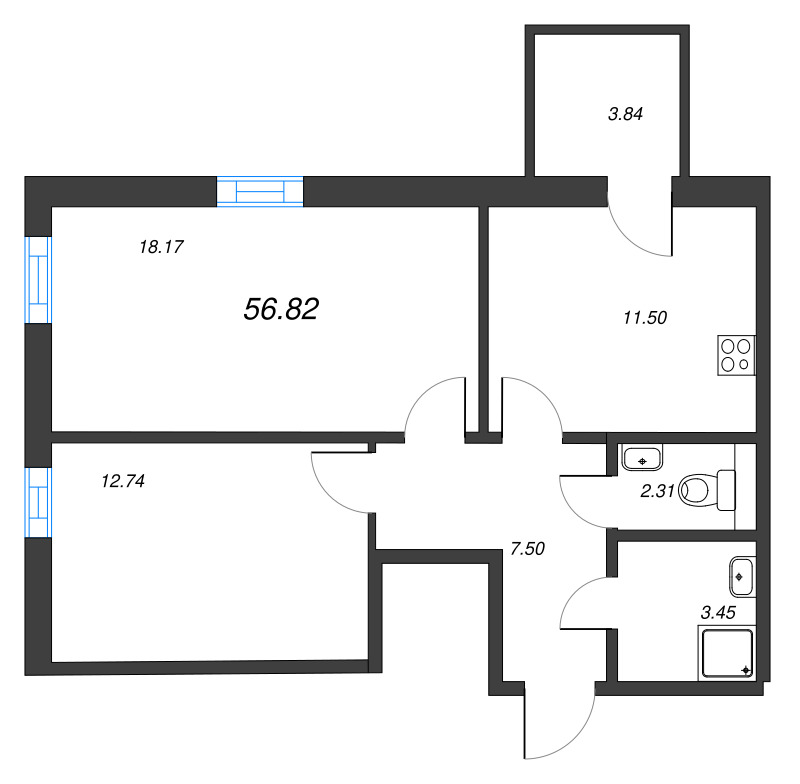 2-комнатная квартира, 56.82 м² - планировка, фото №1