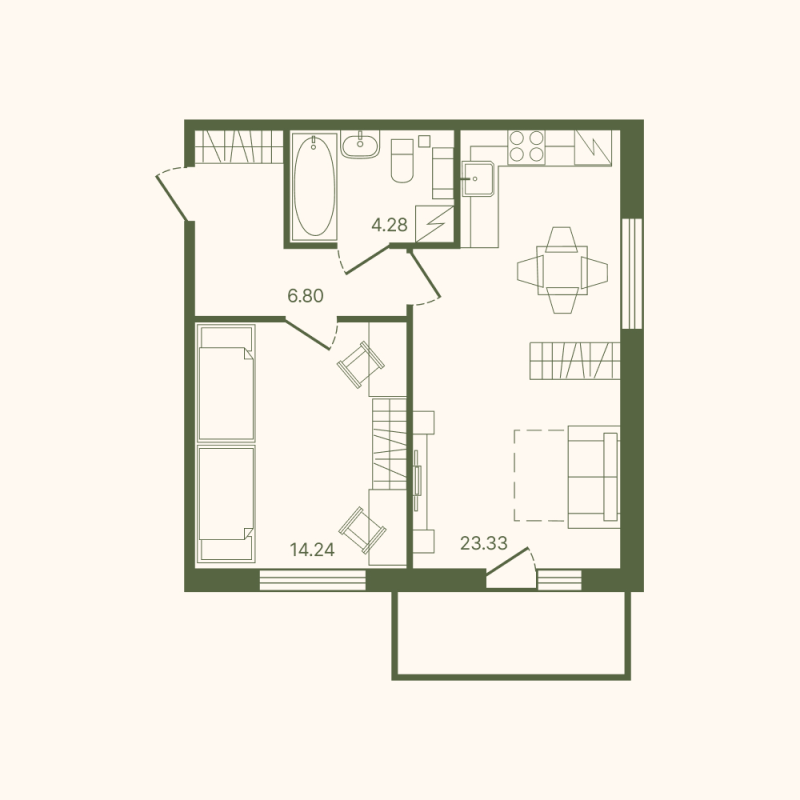 2-комнатная (Евро) квартира, 50.21 м² в ЖК "Рауни" - планировка, фото №1