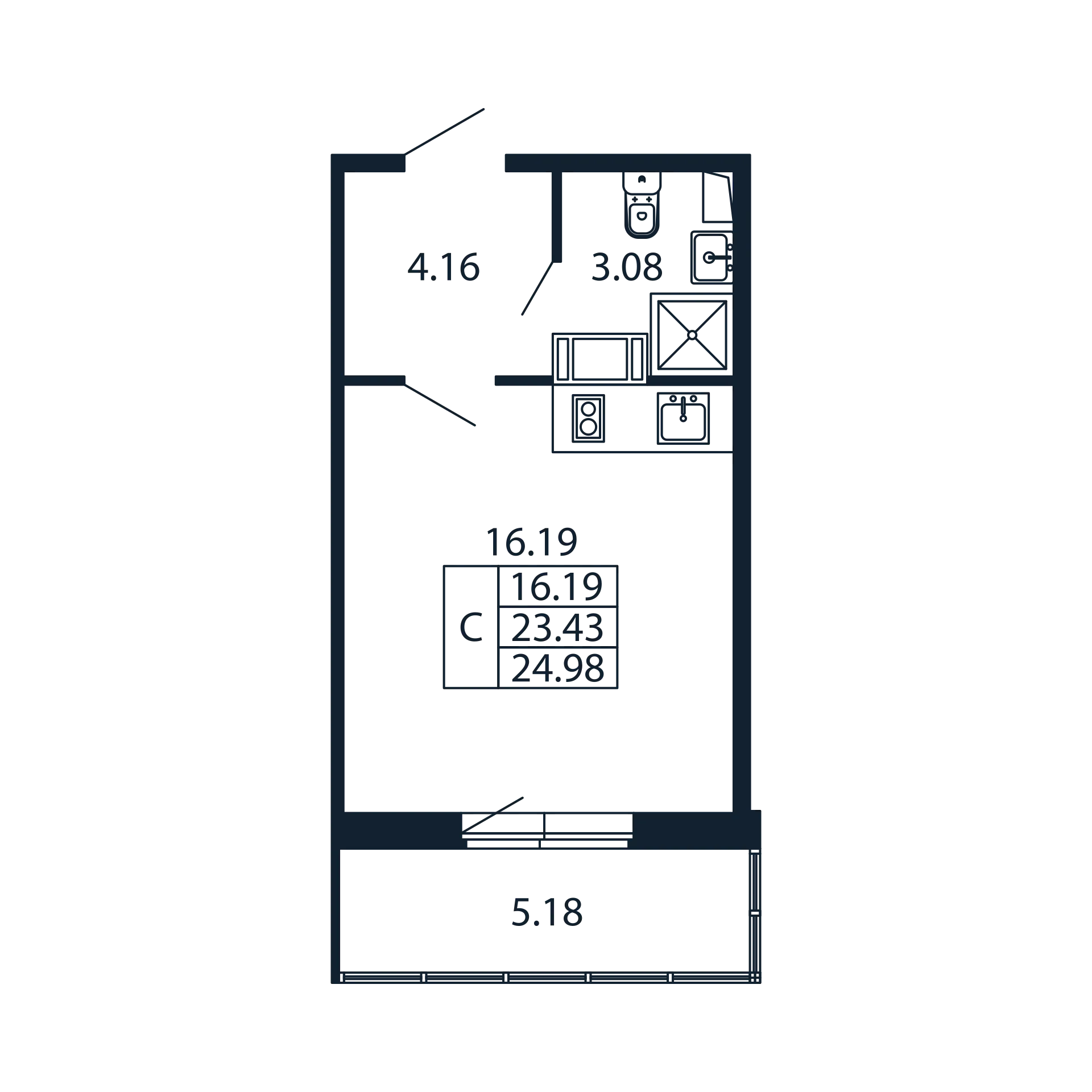 Квартира-студия, 23.43 м² - планировка, фото №1