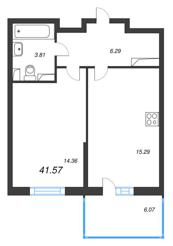 2-комнатная (Евро) квартира, 41.57 м² - планировка, фото №1