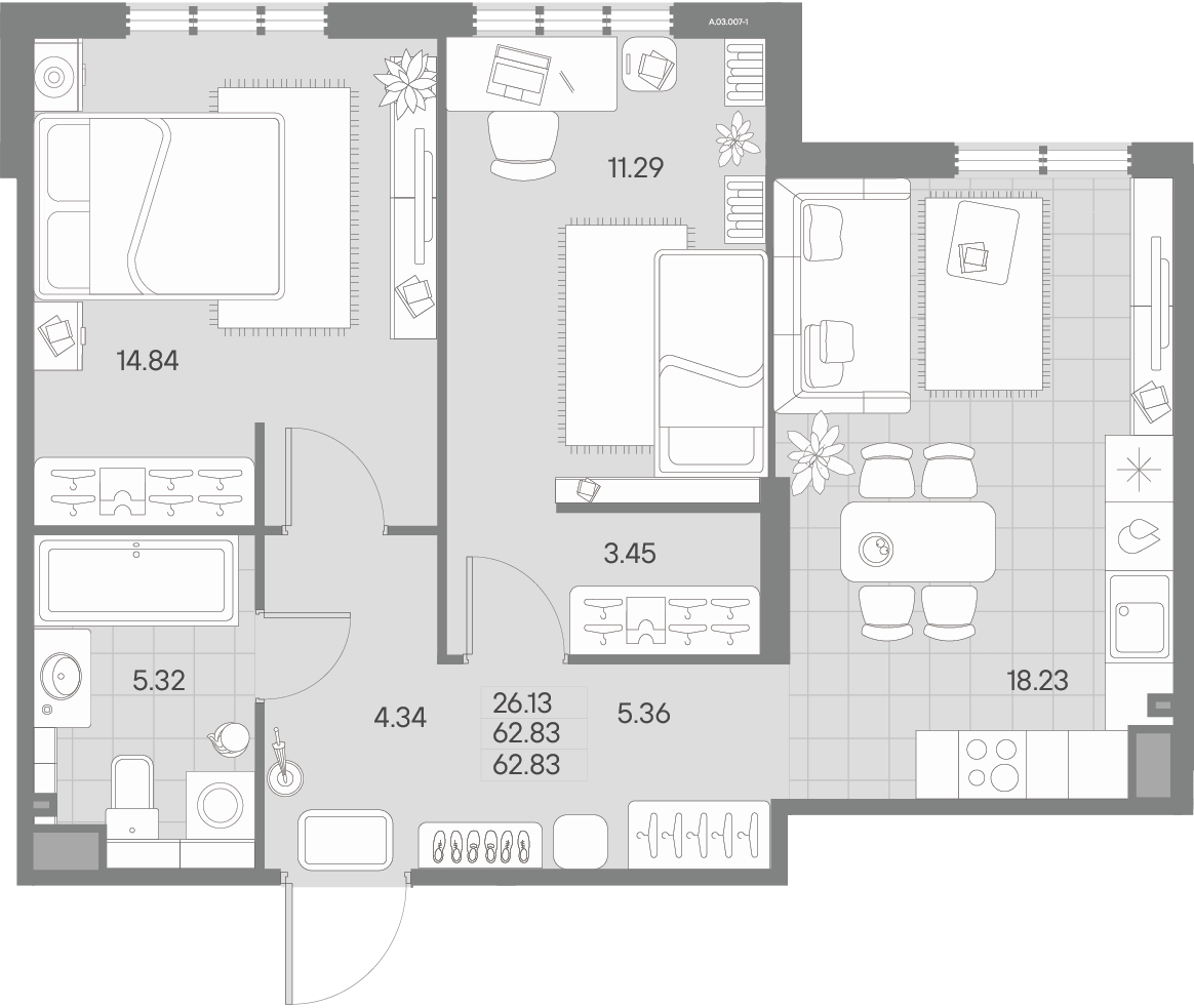 2-комнатная квартира, 62.83 м² - планировка, фото №1