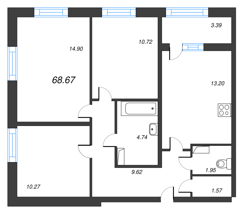 3-комнатная квартира, 68.67 м² - планировка, фото №1