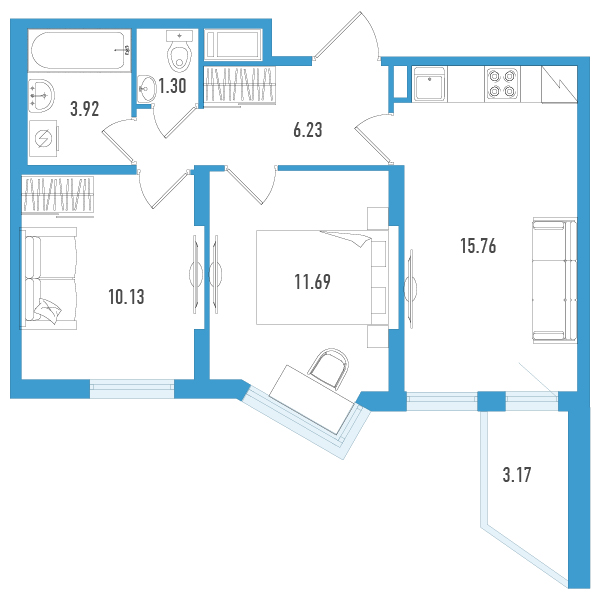 3-комнатная (Евро) квартира, 50.61 м² в ЖК "Мурино Клаб" - планировка, фото №1