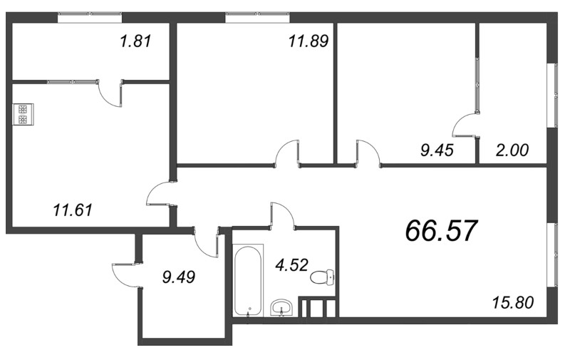 3-комнатная квартира, 72.24 м² - планировка, фото №1