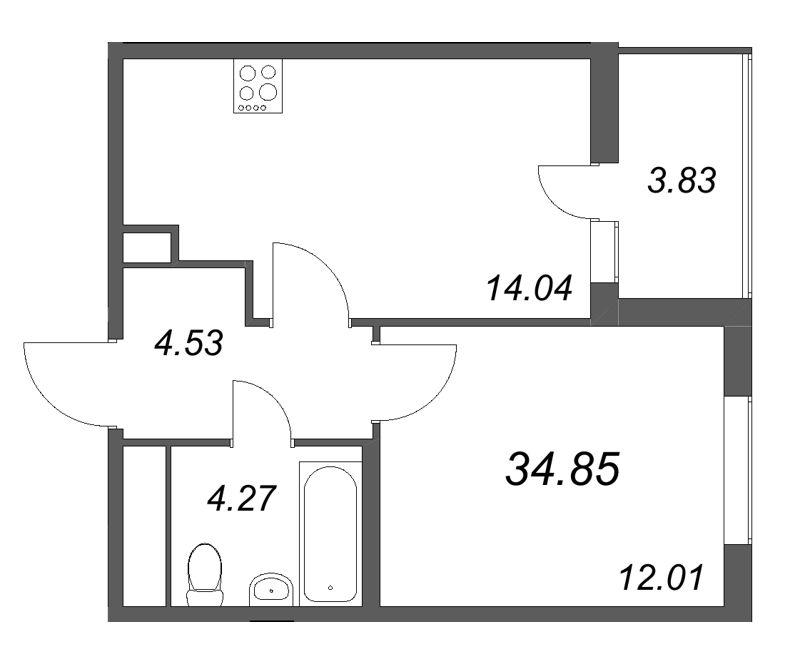 1-комнатная квартира, 34.85 м² в ЖК "Ясно.Янино" - планировка, фото №1