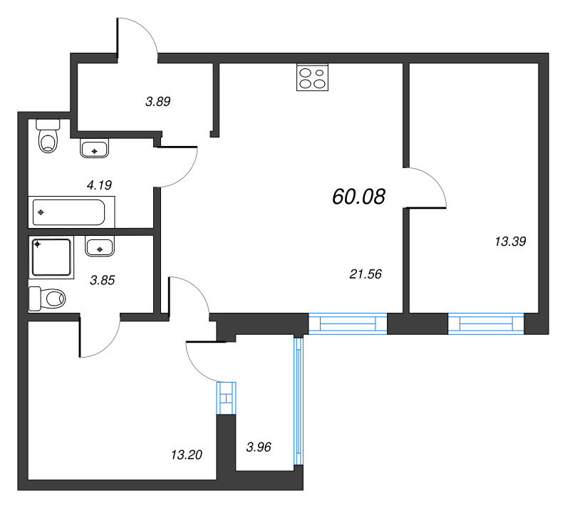 3-комнатная (Евро) квартира, 60.08 м² в ЖК "Чёрная речка от Ильича" - планировка, фото №1