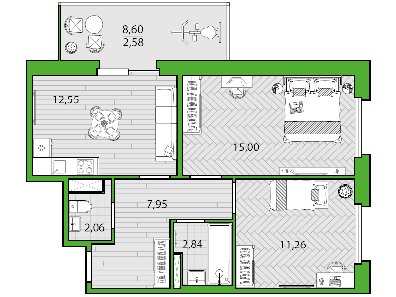 2-комнатная квартира, 54.24 м² - планировка, фото №1
