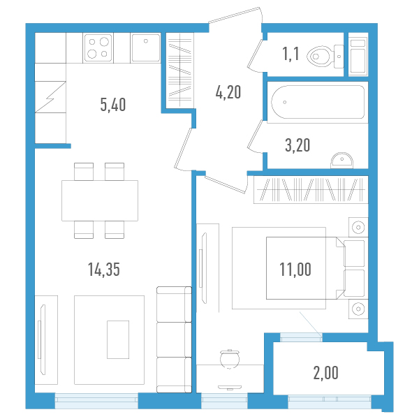 1-комнатная квартира, 40.25 м² в ЖК "AEROCITY" - планировка, фото №1