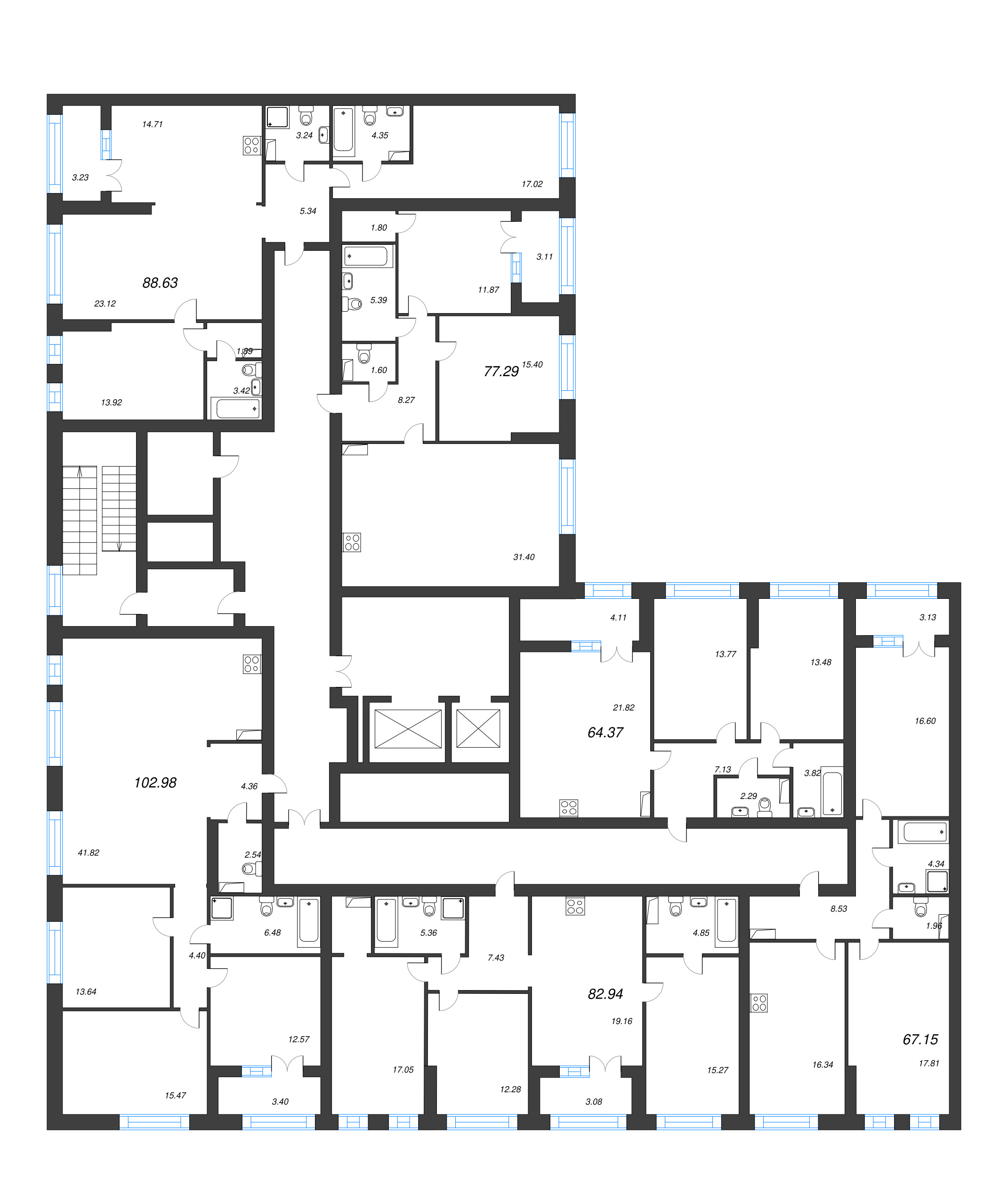 3-комнатная квартира, 88.63 м² - планировка этажа
